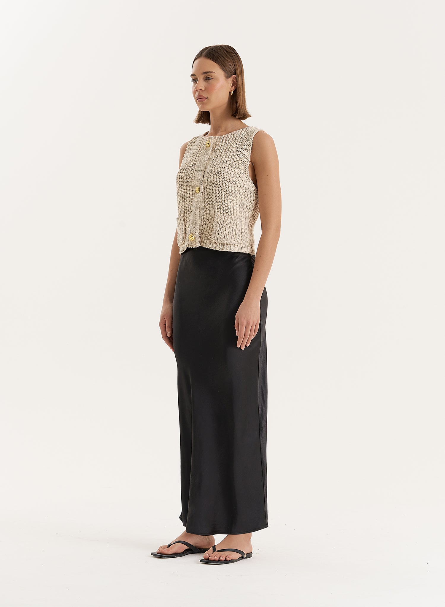Beige Boucle Knit Sleeveless Waistcoat